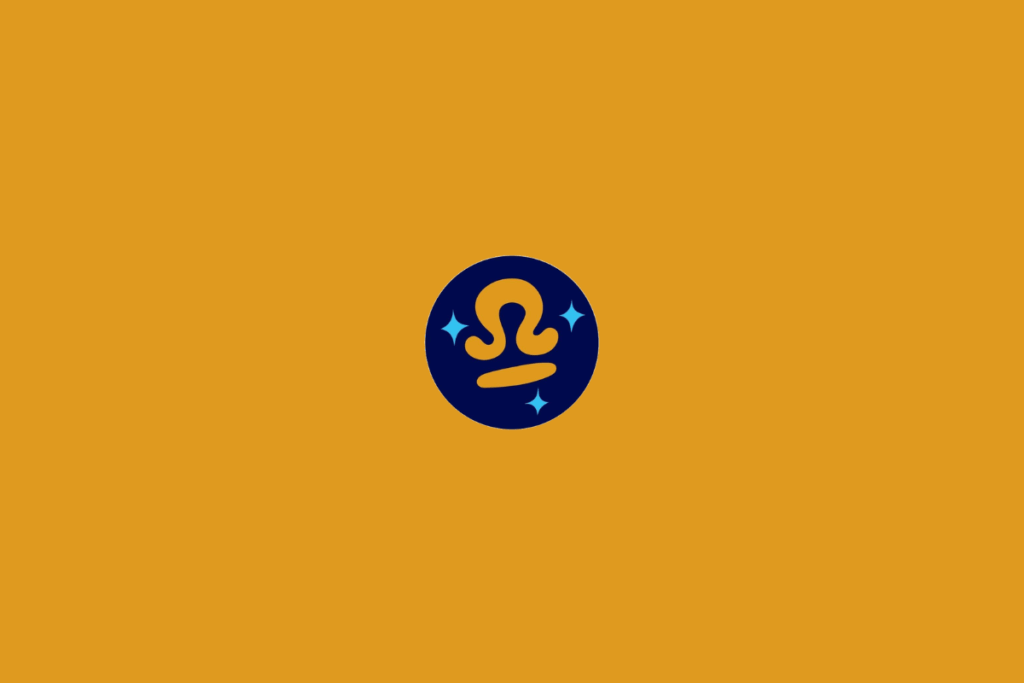 Ilustração estilizada do símbolo de Libra em amarelo-dourado, com um arco arredondado apoiado sobre uma linha horizontal. A figura aparece centralizada dentro de um círculo azul-marinho, acompanhada por pequenas estrelas azul-claro. O fundo é laranja.