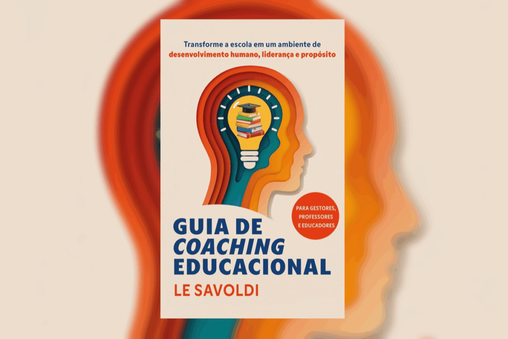 Capa de livro em bege-claro, azul, laranja e vermelho, com o título “Guia de Coaching Educacional” em azul-escuro e o nome da autora em laranja. A ilustração central mostra perfis humanos sobrepostos, formando uma composição que lembra uma cabeça, em camadas de laranja, vermelho, amarelo, azul-petróleo e bege, com uma lâmpada e livros no interior.