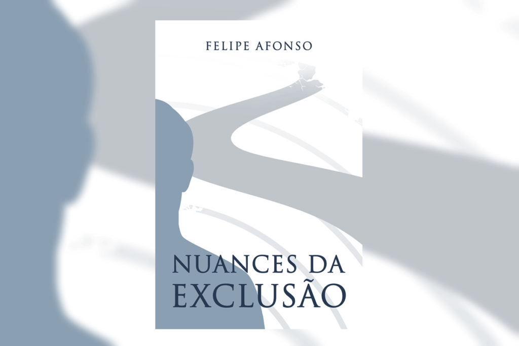 Capa de livro predominantemente branca, com elementos em cinza-claro e azul-acinzentado, com o nome do autor em azul-escuro e o título “Nuances da Exclusão” em azul-escuro. A capa apresenta uma ilustração abstrata formada por grandes formas curvas e uma silhueta humana em azul-acinzentado e cinza-claro, criando uma composição minimalista.