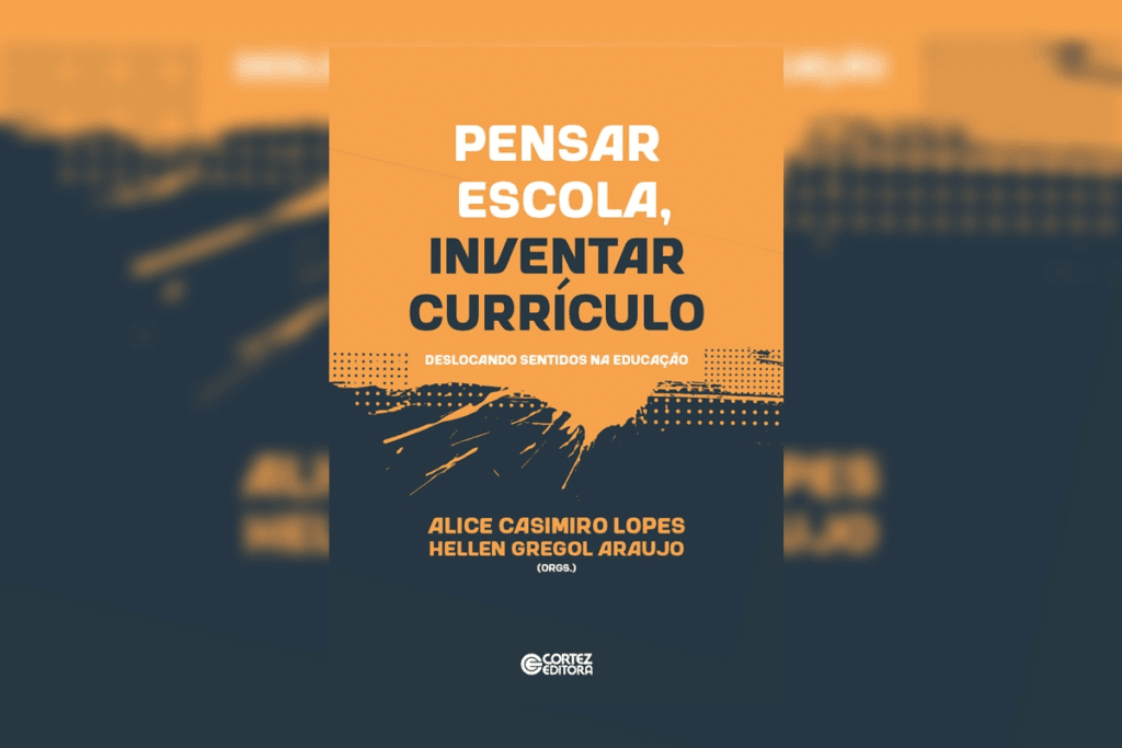 Capa de livro em laranja e azul-marinho, com o título “Pensar Escola, Inventar Currículo” em branco e azul-marinho e os nomes dos autores em laranja-claro. A capa apresenta uma composição gráfica com uma faixa central em laranja, elementos pontilhados e traços abstratos em laranja e azul-marinho, sobre fundo predominantemente azul-escuro.