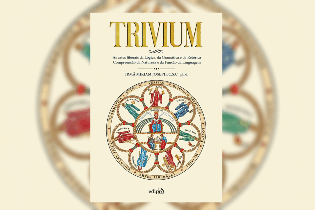 Capa de livro em bege-claro e dourado, com o título “Trivium” em dourado e o subtítulo e o nome da autora em preto. No centro, há uma grande ilustração circular de estilo medieval, com figuras humanas, elementos ornamentais e inscrições em dourado, vermelho, azul, verde e bege.