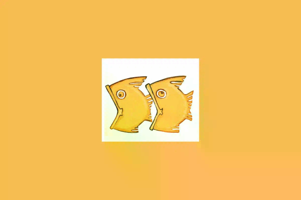 Uma ilustração simples de dois peixes, representando o signo de Peixes, sobre um fundo claro cercado por um tom alaranjado