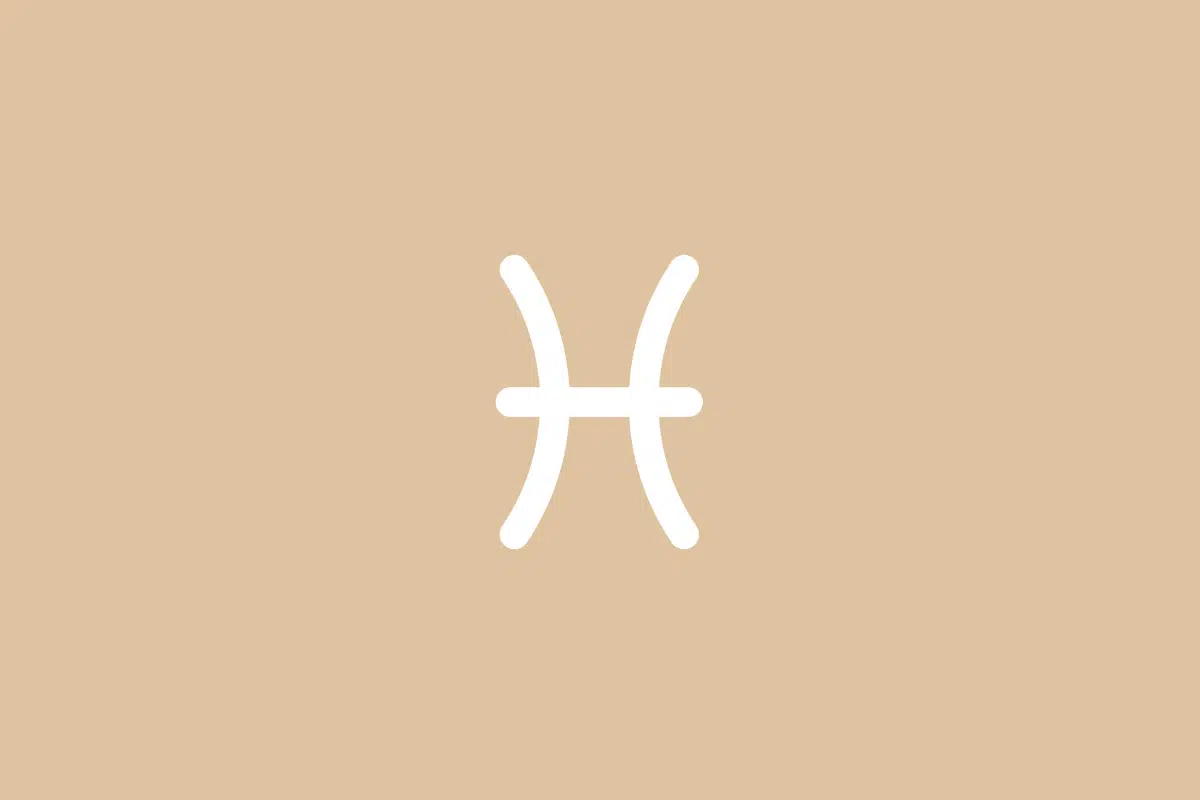 Ilustração minimalista do símbolo do signo de Peixes em linha branca contínua, formada por duas linhas verticais curvadas em sentidos opostos e unidas por um traço horizontal ao centro, centralizada sobre um fundo bege em tom pastel