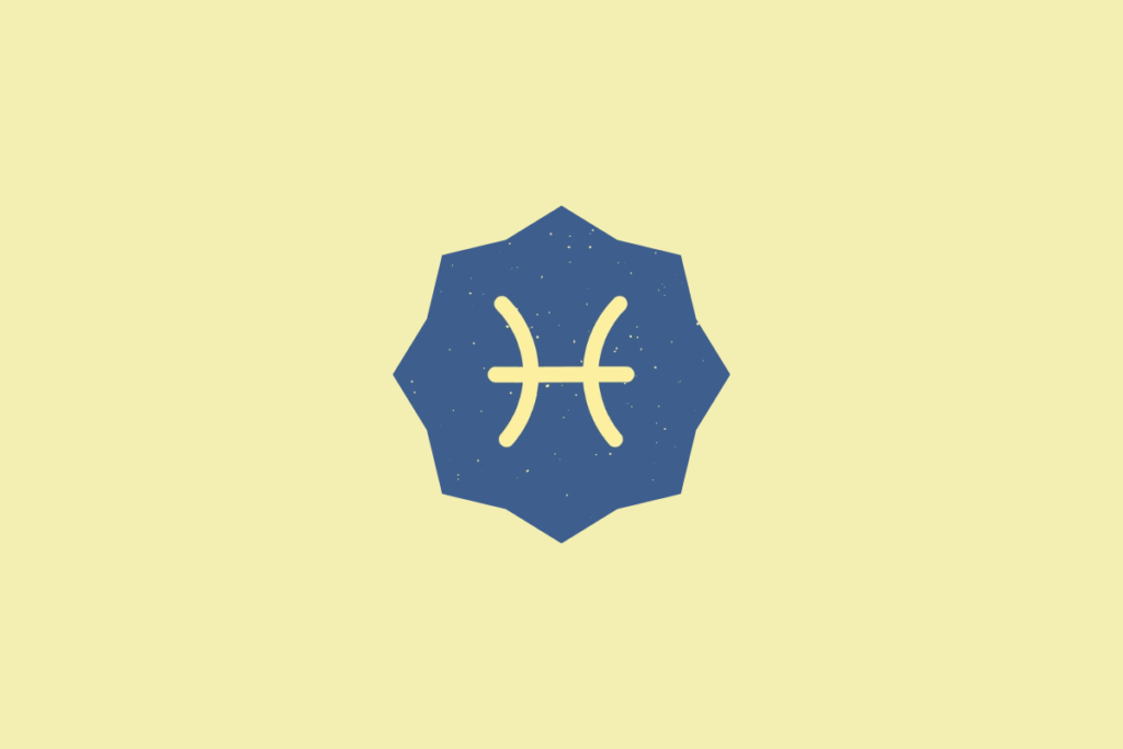 Símbolo do signo de Peixes em tom amarelo-claro, inserido dentro de um selo estrelado azul com textura granulada, centralizado sobre um fundo amarelo-claro