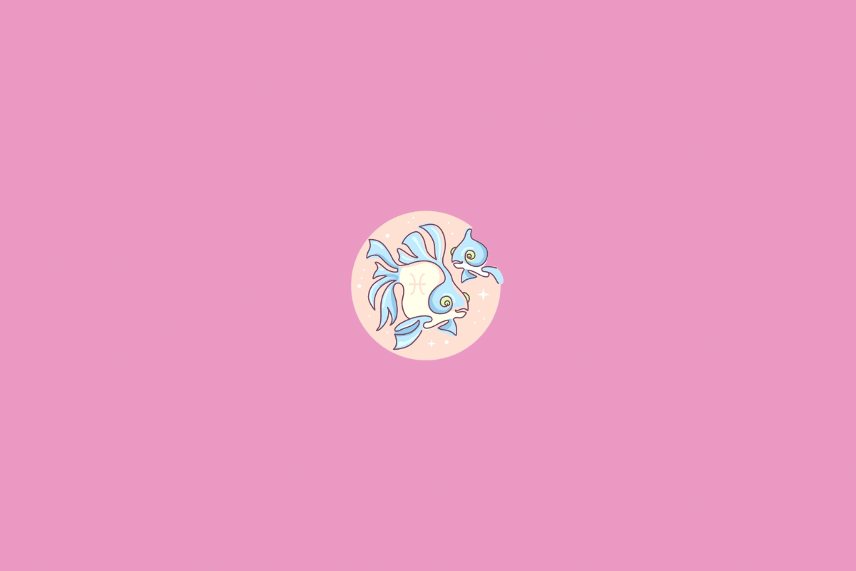 Ilustração minimalista do signo de Peixes, representado pelo símbolo de dois arcos curvos unidos por uma linha horizontal em tom creme. O desenho está dentro de um círculo em degradê de azul, sobre fundo amarelo-claro.