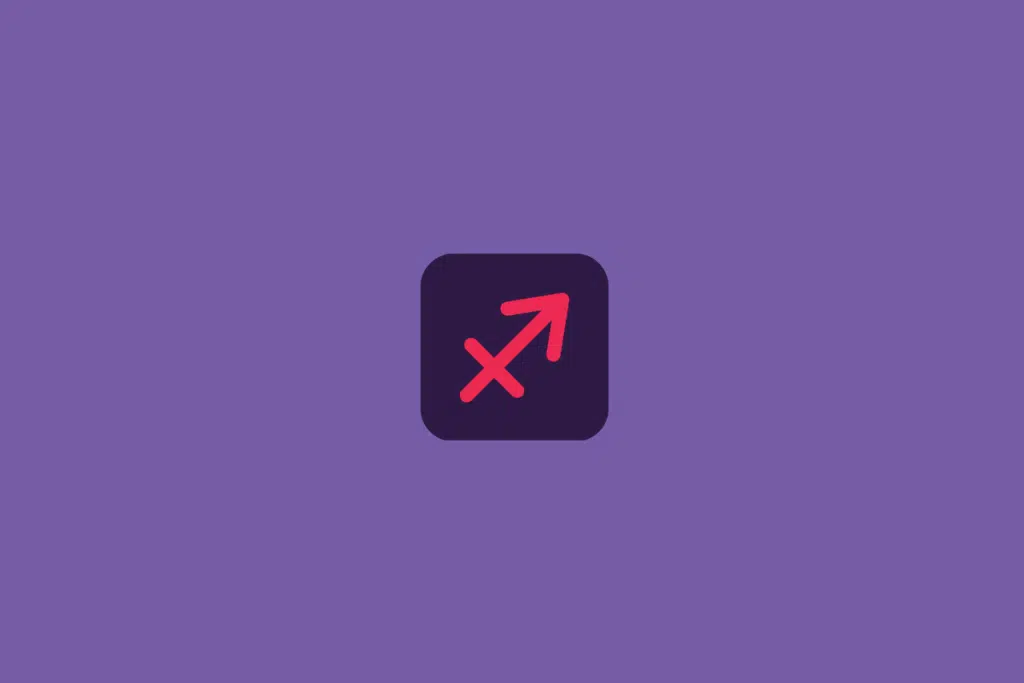 Símbolo de Sagitário representado por uma seta diagonal apontando para cima e para a direita, em vermelho-rosado, dentro de um quadrado de cantos arredondados em roxo-escuro. Em fundo roxo.