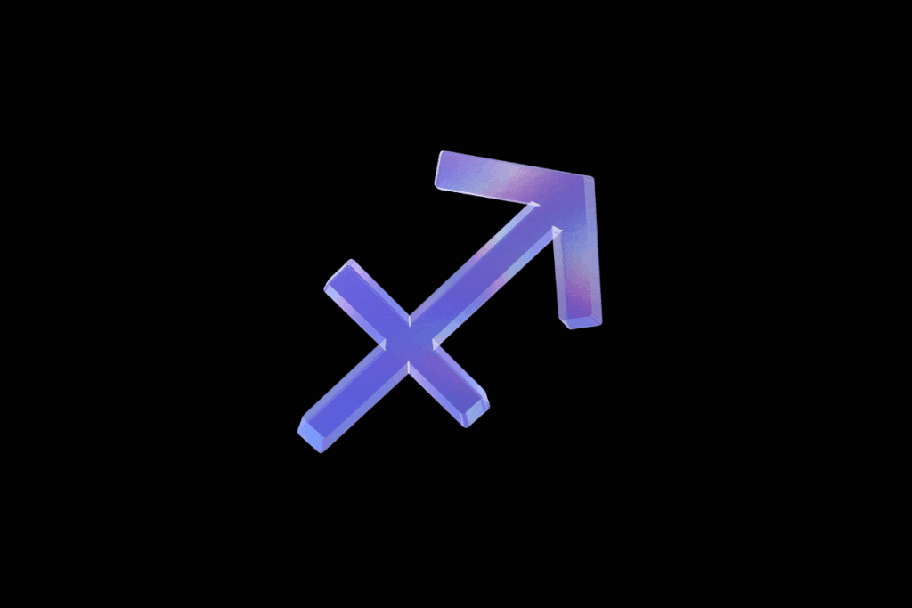Símbolo do signo de Sagitário em relevo com acabamento metálico iridescente, variando entre tons de azul e lilás, centralizado sobre fundo preto