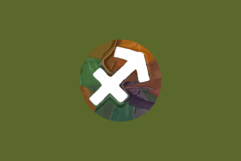 Símbolo branco do signo de Sagitário sobreposto a um círculo com pintura abstrata em tons terrosos e alaranjados, centralizado em um fundo verde-oliva