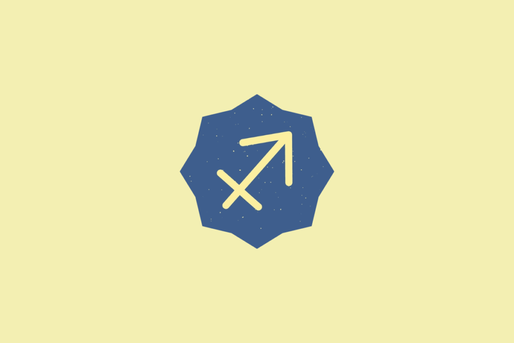 Símbolo do signo de Sagitário em tom amarelo-claro, inserido dentro de um selo estrelado azul com textura granulada, centralizado sobre um fundo amarelo-claro