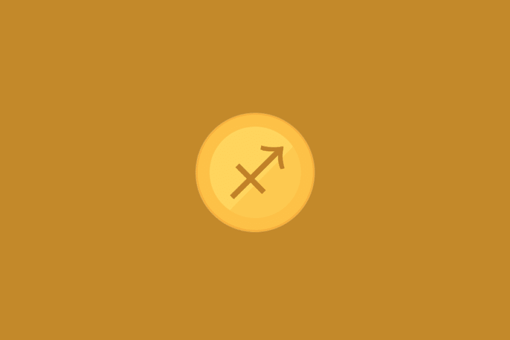Ilustração minimalista do signo de Sagitário, com o símbolo astrológico em tom marrom-dourado no centro de um círculo amarelo, sobre fundo uniforme em tom mostarda.