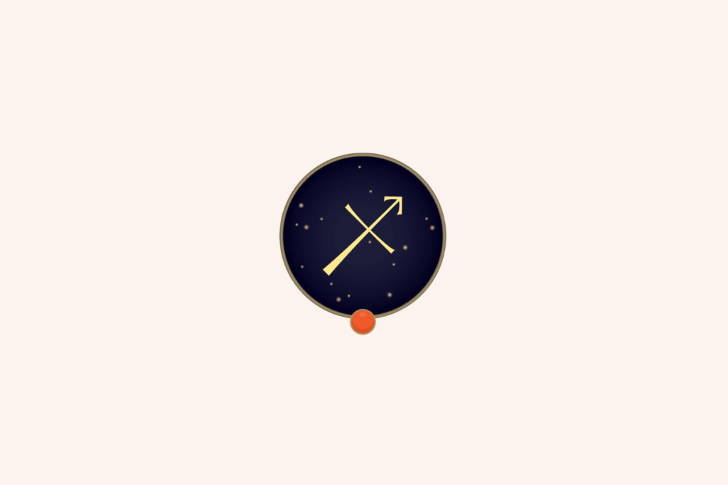Ilustração do símbolo dourado do signo de Sagitário em destaque central sobre um fundo circular azul-marinho estrelado, com uma pequena gema laranja na parte inferior e fundo geral bege-claro