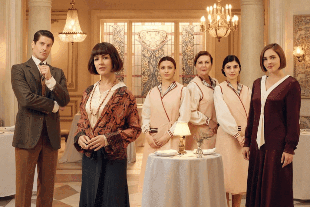 Fotografia de um grupo de seis pessoas em um ambiente elegante. À esquerda, um homem usa terno marrom, camisa clara e gravata. Ao lado dele, uma mulher usa uma blusa estampada colorida, colares e uma saia escura. Ao centro, três mulheres usam roupas claras, com detalhes em vermelho e marrom. À direita, outra mulher usa um vestido vinho com detalhes claros. Elas estão diante de uma mesa redonda com toalha branca, em uma sala decorada com lustres, colunas e vitrais.