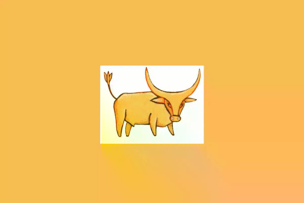 Uma ilustração simples de um touro estilizado, representando o signo de Touro, sobre um fundo claro cercado por um tom alaranjado 