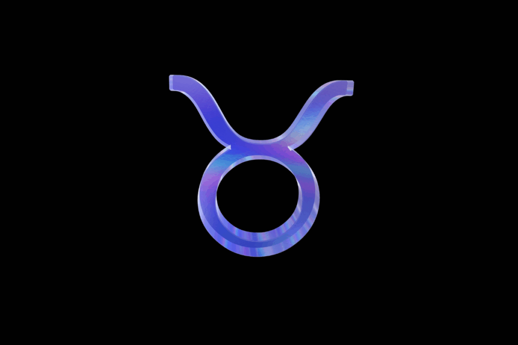 Símbolo do signo de touro em relevo com acabamento metálico iridescente, variando entre tons de azul e lilás, centralizado sobre fundo preto