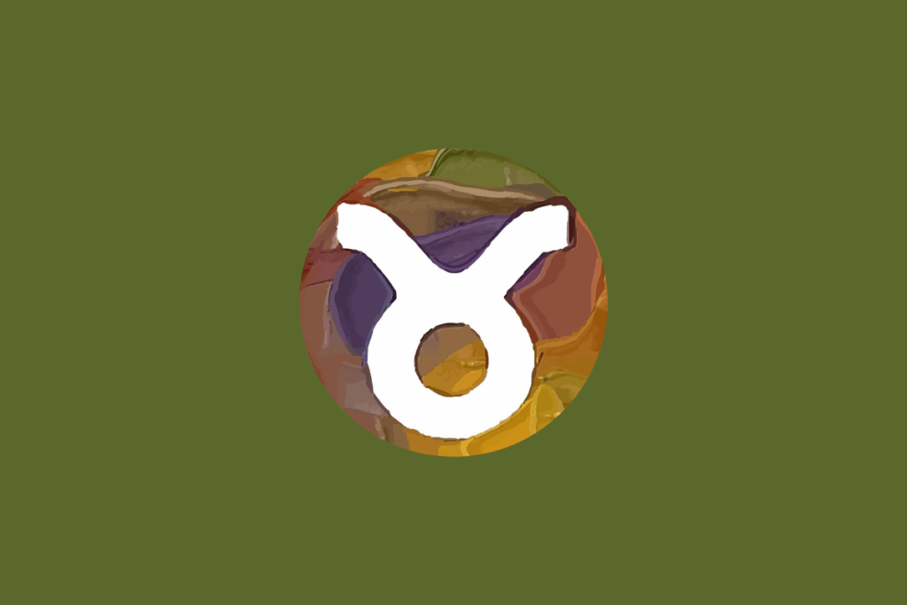 Símbolo branco do signo de Touro sobreposto a um círculo com pintura abstrata em tons terrosos e alaranjados, centralizado em um fundo verde-oliva
