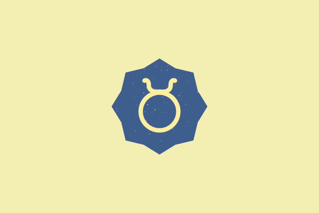 Símbolo do signo de Touro em tom amarelo-claro, inserido dentro de um selo estrelado azul com textura granulada, centralizado sobre um fundo amarelo-claro