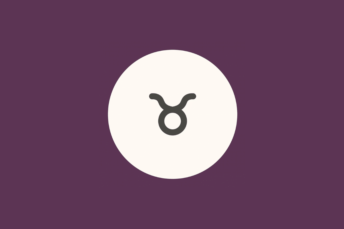 Ilustração minimalista do símbolo do signo de Touro em tom cinza-escuro, centralizado dentro de um círculo branco sobre fundo roxo-fechado