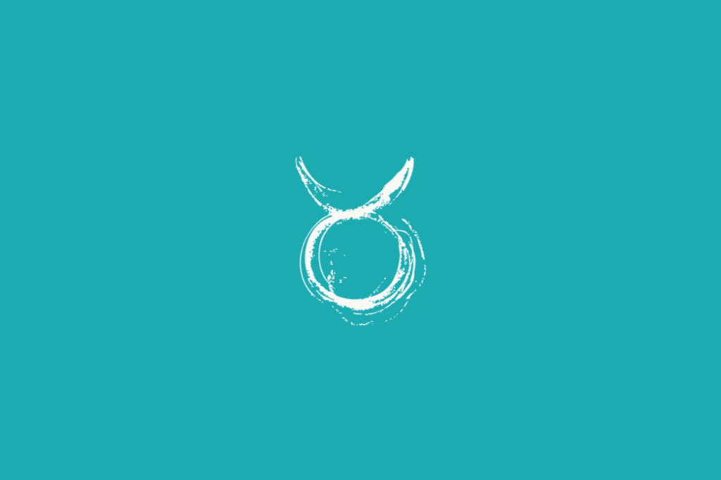 Fundo azul-turquesa. No centro, há um símbolo branco de Touro, formado por um círculo na parte inferior e duas linhas curvas que se abrem para cima.