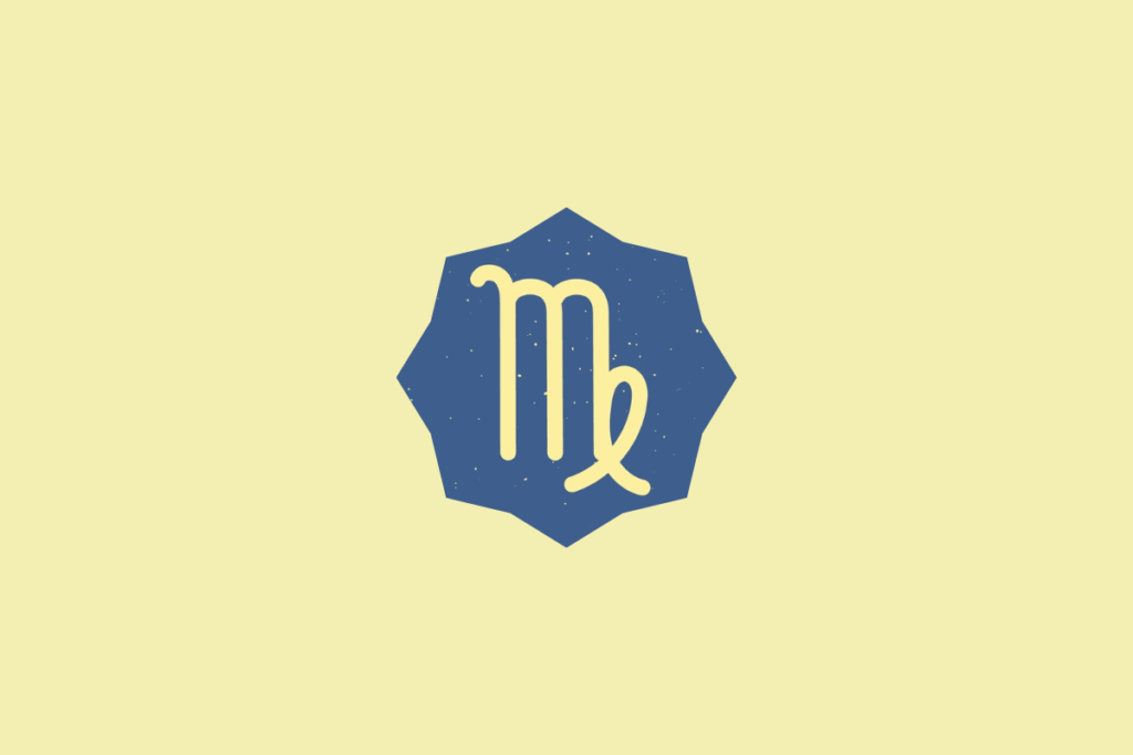 Símbolo do signo de Virgem em tom amarelo-claro, inserido dentro de um selo estrelado azul com textura granulada, centralizado sobre um fundo amarelo-claro