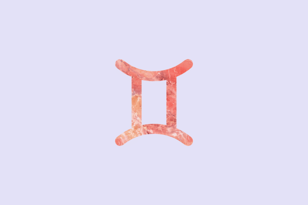 Ilustração do signo Gêmeos, contendo o símbolo do signo com textura de mármore em tons de coral e rosa, formado por duas linhas verticais unidas por traços curvos em cima e embaixo, em fundo lavanda.