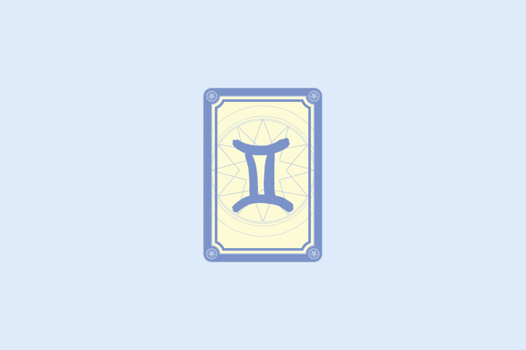Ilustração do signo Gêmeos: carta com moldura azul-lavanda, cantos decorados com estrelinhas e fundo creme com uma mandala de estrela em linhas finas; no centro, o símbolo de Gêmeos em azul-lavanda, duas linhas verticais paralelas unidas por um traço curvo em cima e outro embaixo, como o numeral romano II; em fundo azul-claro.
