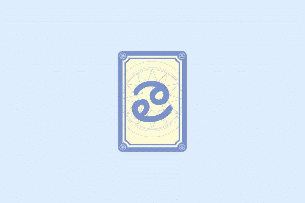 Ilustração do signo Câncer: carta com moldura azul-lavanda, cantos decorados com estrelinhas e fundo creme com uma mandala de estrela em linhas finas; no centro, o símbolo de Câncer em azul-lavanda, duas formas espiraladas deitadas e opostas, como um 6 e um 9 encaixados, lembrando as garras de um caranguejo; em fundo azul-claro.