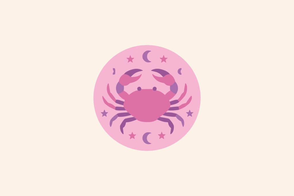 Ilustração do signo Câncer: círculo rosa com um caranguejo rosa e lilás visto de cima, com as garras erguidas e as patas abertas, cercado por estrelas e luas crescentes; em fundo creme.
