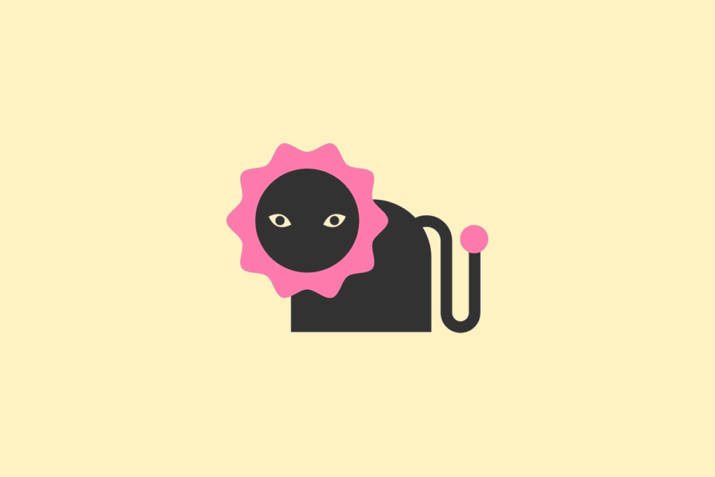 Ilustração do signo Leão, contendo um leão preto sentado com juba rosa em formato de flor e cauda enrolada com ponta rosa, em fundo amarelo-claro.