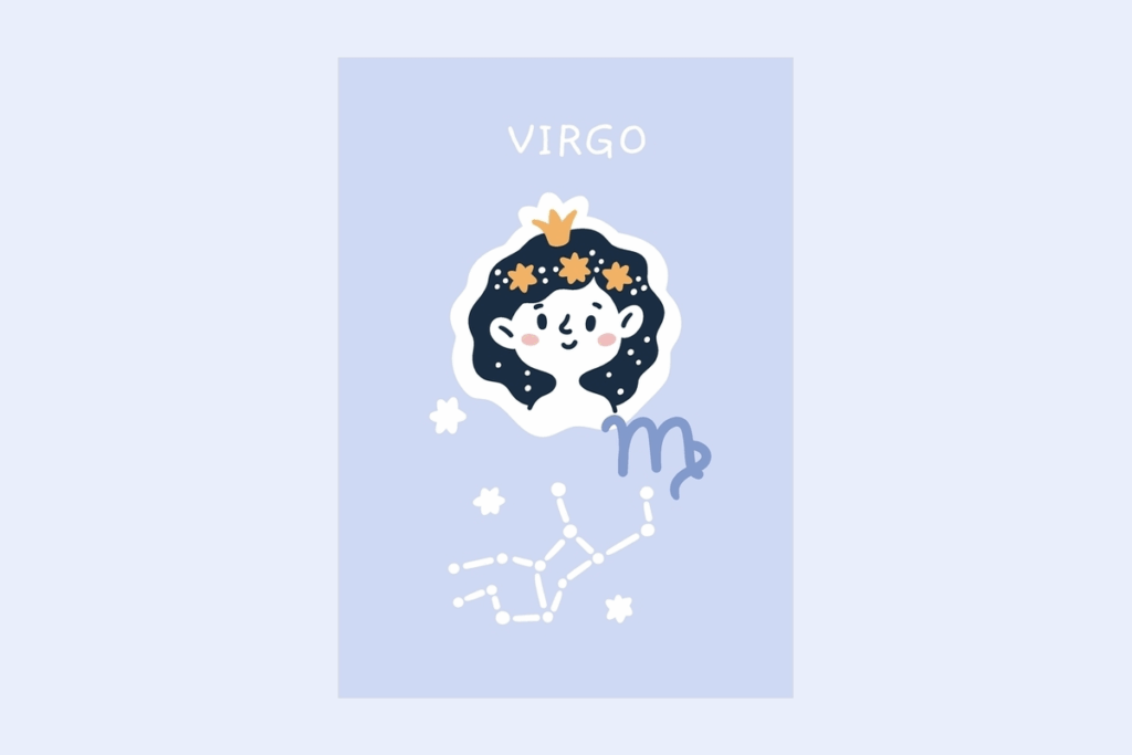 Ilustração do signo Virgem, contendo um cartão azul com o nome VIRGO escrito no topo, uma menina de cabelos longos e ondulados, escuros e estrelados, com uma pequena coroa dourada, ao lado do símbolo azul do signo e, abaixo, a constelação de Virgem desenhada em branco com pequenas estrelas, em fundo azul bem claro.