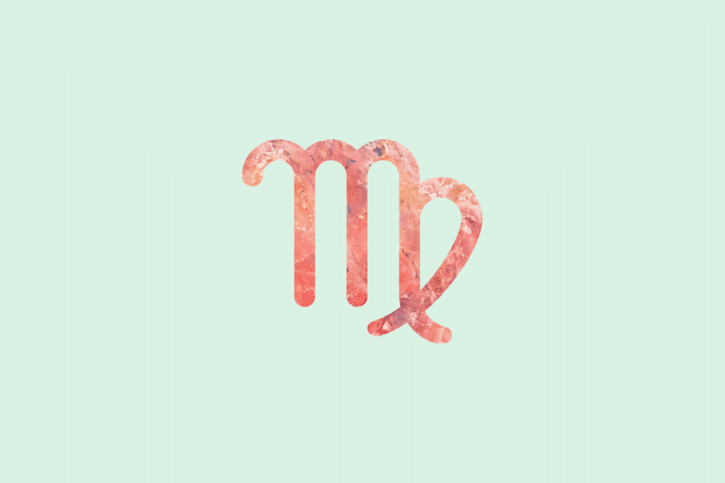 Ilustração do signo Virgem, contendo o símbolo do signo com textura de mármore em tons de coral e rosa, formado por uma letra M com a última perna dobrada e cruzada por um laço, em fundo verde-menta.