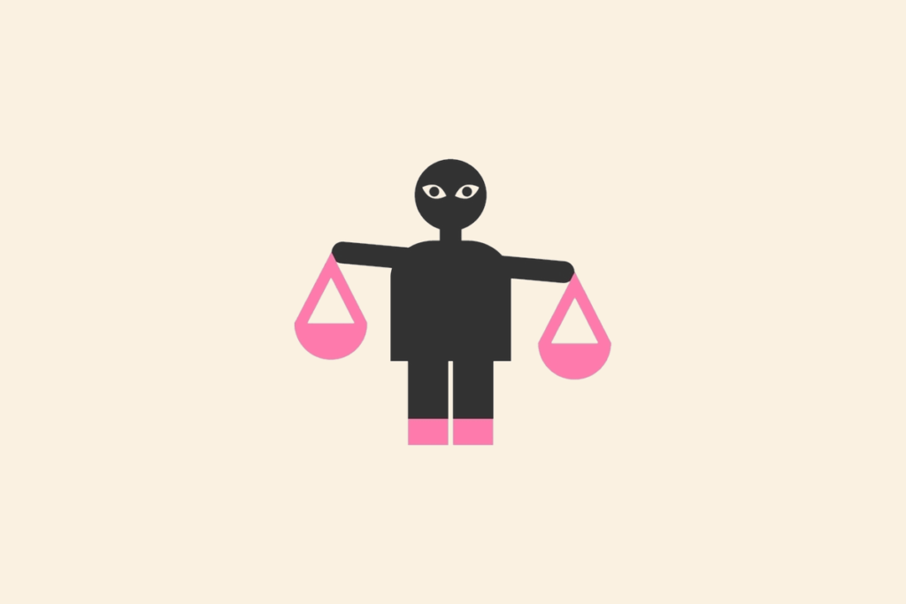 Ilustração do signo Libra, contendo uma figura humana preta de braços abertos segurando uma balança com pratos rosa, em fundo creme.