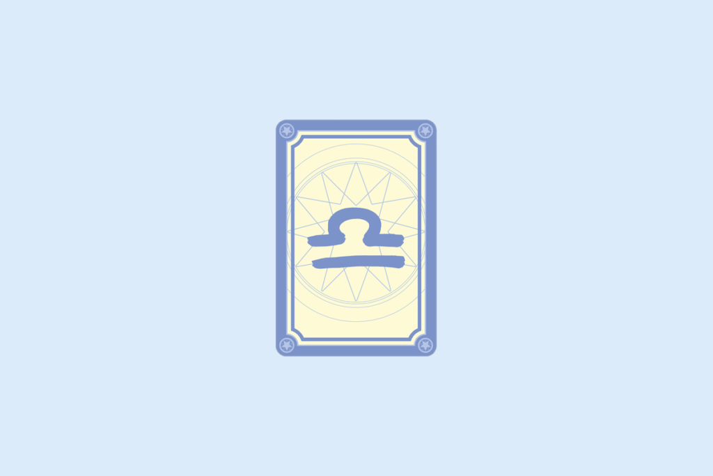 Ilustração do signo Libra: carta com moldura azul-lavanda, cantos decorados com estrelinhas e fundo creme com uma mandala de estrela em linhas finas; no centro, o símbolo de Libra em azul-lavanda, um arco semelhante a um sol nascente sobre uma linha horizontal, com outra linha horizontal paralela abaixo, lembrando uma balança; em fundo azul-claro.