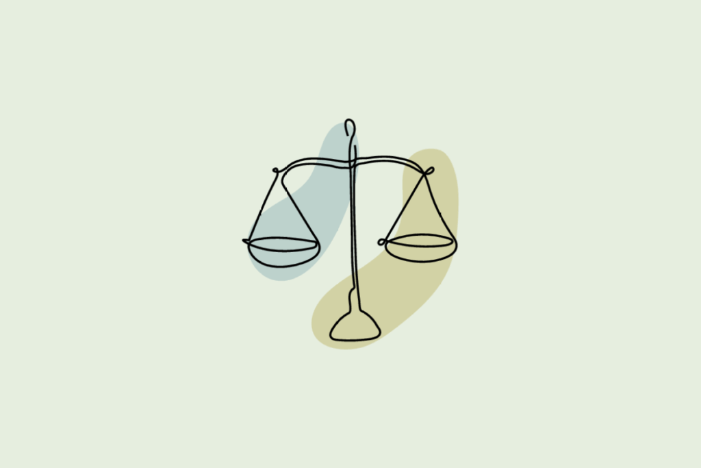 Ilustração do signo Libra: desenho em traço contínuo preto de uma balança antiga, com dois pratos pendurados por fios nas pontas de uma haste horizontal sobre um pé central, sobre manchas orgânicas em azul-acinzentado e verde; em fundo verde-sálvia.