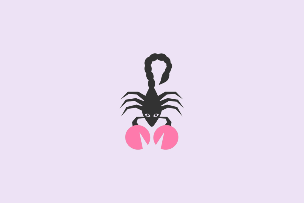 Ilustração do signo Escorpião, contendo um escorpião preto com a cauda curvada para cima, patas finas e pinças rosa, em fundo lilás.
