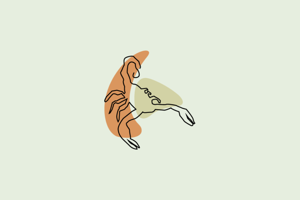 Ilustração do signo Escorpião: desenho em traço contínuo preto de um escorpião de perfil, com a cauda curvada para cima terminando no ferrão e as pinças estendidas para a frente, sobre manchas orgânicas em laranja e verde; em fundo verde-sálvia.