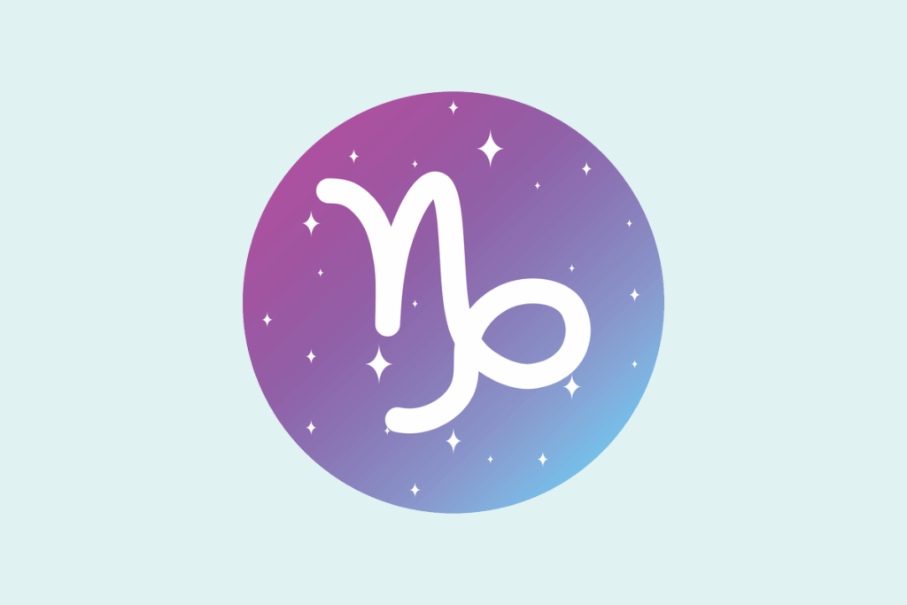 Ilustração do signo Capricórnio: círculo em degradê de roxo para azul, com pequenas estrelas brancas, e no centro o símbolo branco de Capricórnio, uma forma parecida com as letras "V" e "b" unidas, que termina em um laço e uma curva para baixo, lembrando a cabra com cauda de peixe; em fundo verde-água.