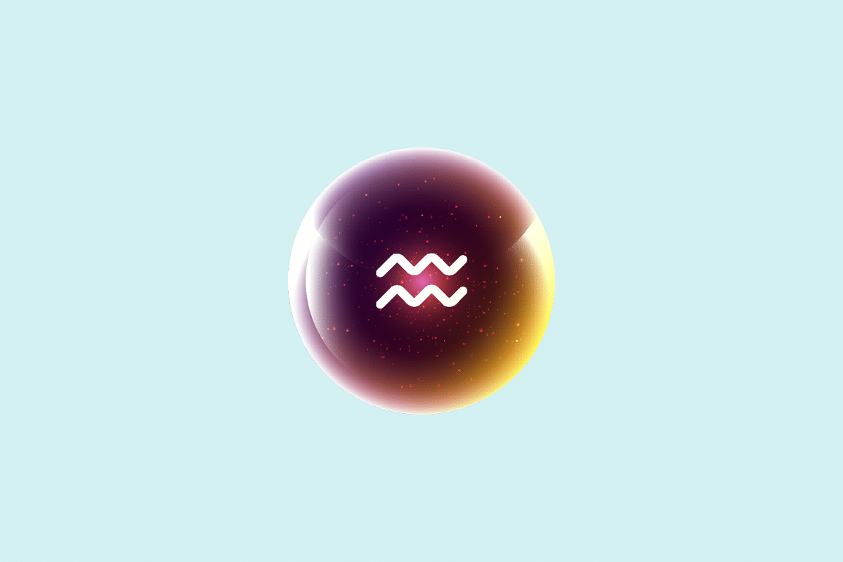 Ilustração do signo Aquário, contendo uma esfera brilhante em tons de roxo, rosa e dourado com o símbolo branco de Aquário, duas linhas onduladas paralelas que representam ondas de água, em fundo azul-turquesa.