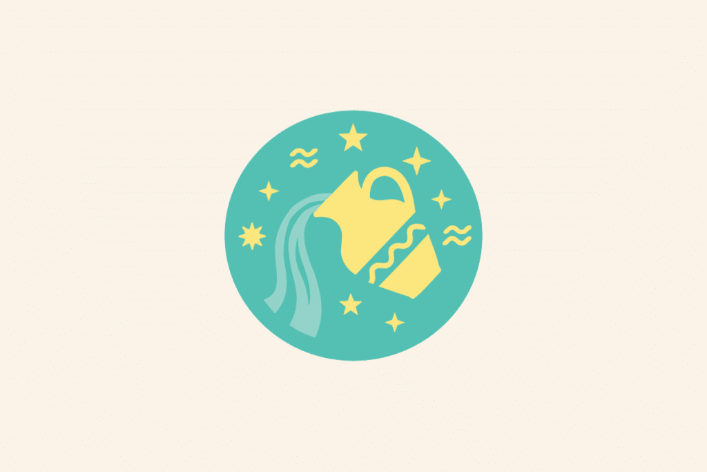 Ilustração do signo Aquário: círculo verde-água com um jarro amarelo inclinado derramando água em faixas verde-claras, cercado por estrelas amarelas e pequenas ondas; em fundo creme.