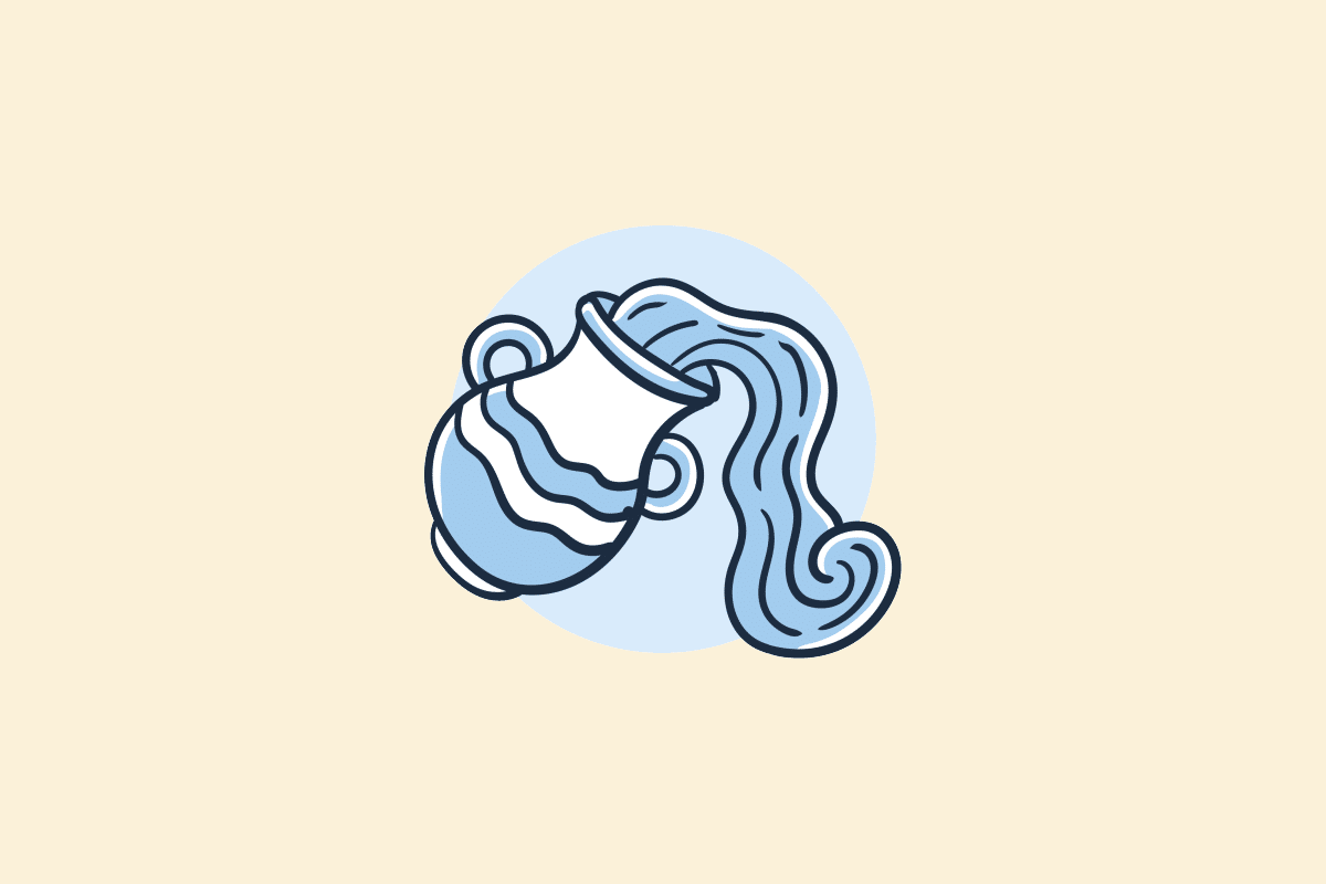 Ilustração do signo Aquário: desenho em estilo de rabisco, com contorno azul-marinho, de um jarro azul com listras onduladas, inclinado, derramando água azul em ondas, sobre um círculo azul-claro; em fundo amarelo-claro.