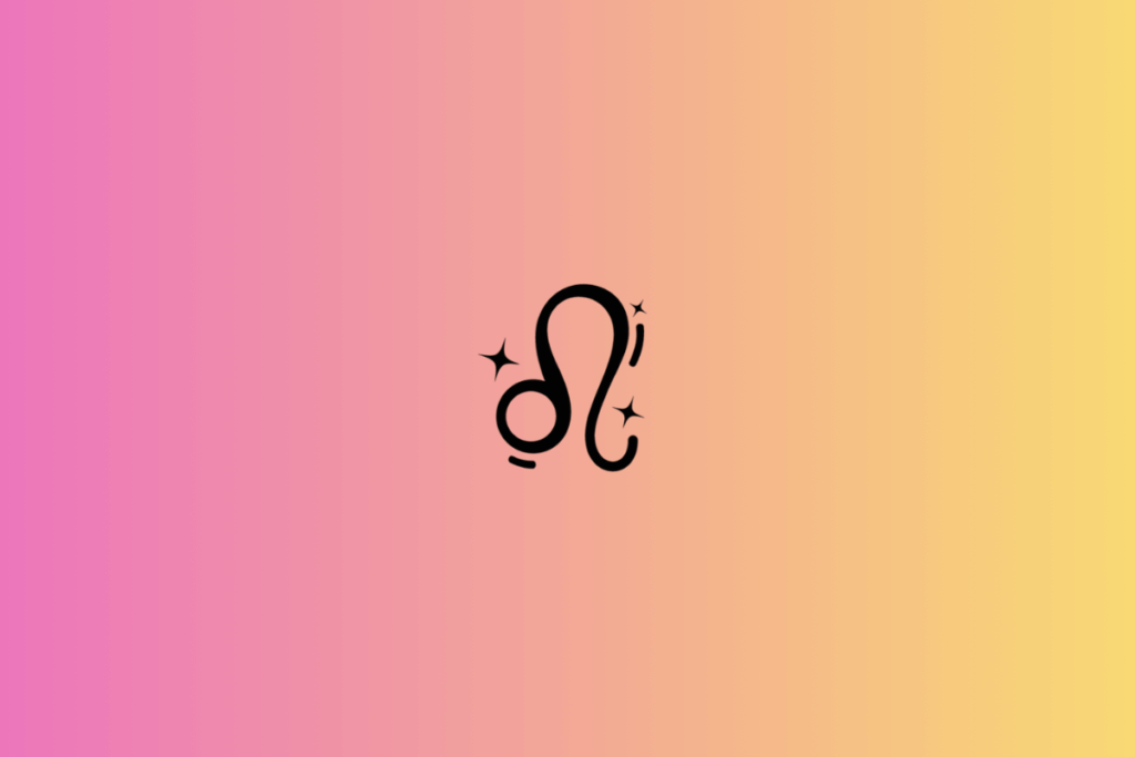 Ilustração do signo de Leão em preto, centralizada sobre um fundo em degradê que vai do rosa ao amarelo-claro. O símbolo apresenta uma forma curva com um laço arredondado na parte inferior esquerda e uma linha alongada que sobe e se curva na extremidade superior direita. Pequenas estrelas e traços curvos acrescentam detalhes decorativos ao desenho.