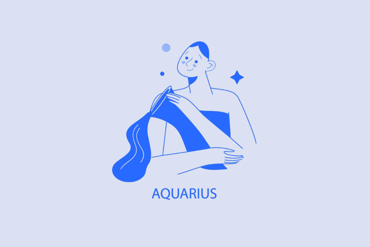 Ilustração minimalista em tons de azul e branco representando o signo de Aquário. Mostra uma pessoa sorridente despejando água de um vaso, acompanhada de pequenos pontos e uma estrela ao fundo. Na parte inferior, está escrita a palavra "AQUARIUS" em letras maiúsculas azul-escuro.