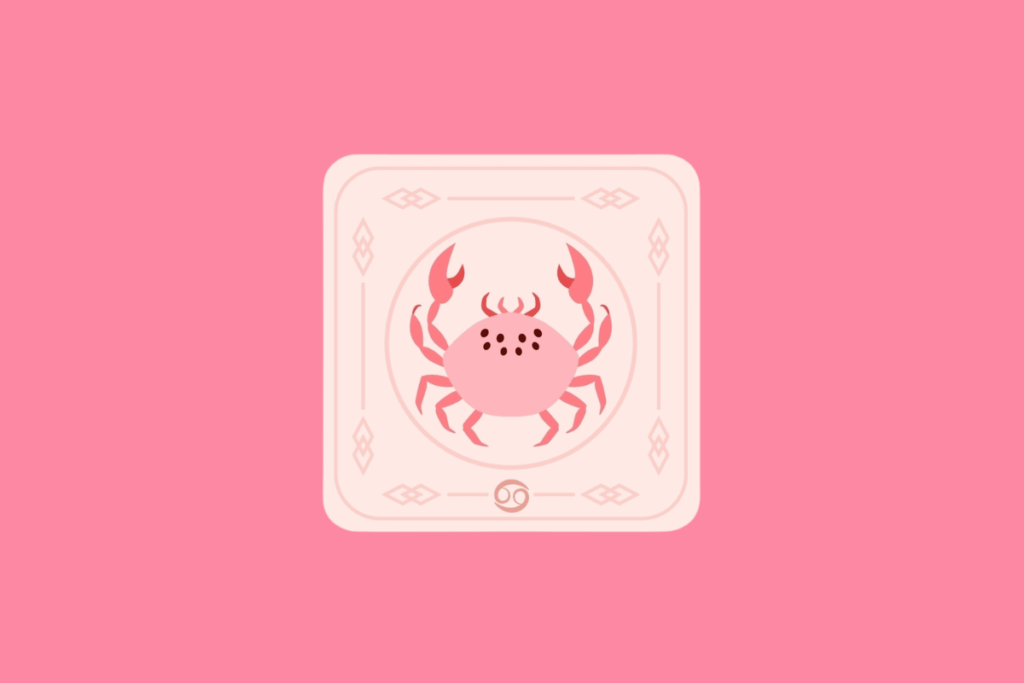 Ilustração estilizada de uma carta com fundo rosa pastel. No centro, dentro de uma moldura circular, há a figura de um caranguejo em tom rosa. Na parte inferior da carta, encontra-se o símbolo do signo de Câncer.