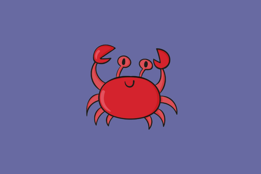 Ilustração estilizada de um caranguejo vermelho sorridente com garras para cima sobre fundo roxo.