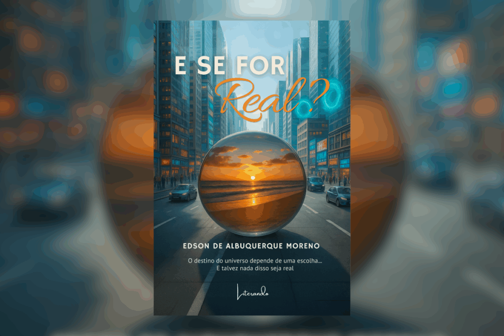 Capa com uma imagem de fundo urbano mostrando prédios e uma rua movimentada com carros. No centro, há uma esfera transparente focalizando o pôr do sol em uma praia. Acima, o título "E SE FOR Real?" com a palavra "Real" destacada em tom laranja. Na parte inferior, o nome do autor "EDSON DE ALBUQUERQUE MORENO" e uma frase de efeito.