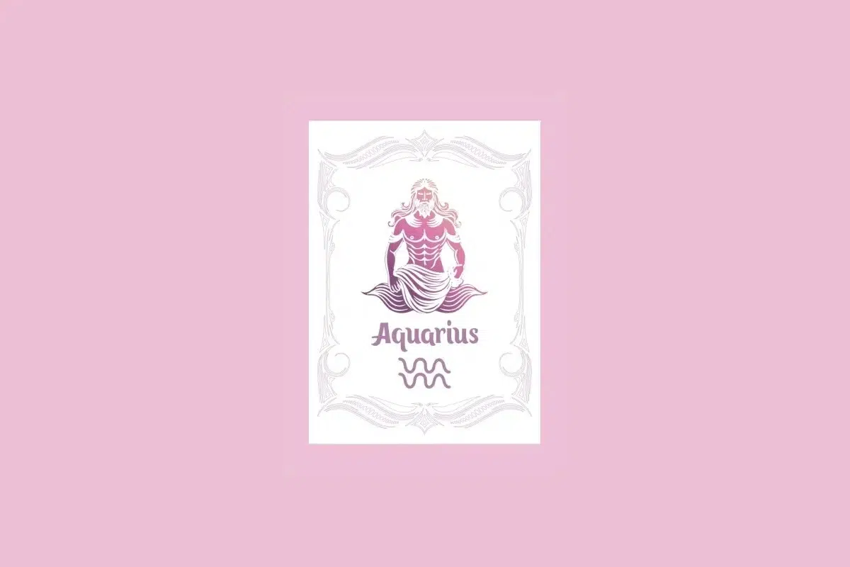 Um cartão branco com uma moldura ornamentada em rosa claro contém a ilustração de um homem derramando água com um gradiente de roxo a laranja, e o texto "Aquarius" acima do símbolo das ondas, tudo sobre um fundo rosa sólido.