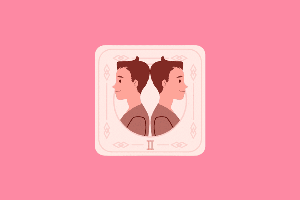Ilustração estilizada de uma carta com fundo rosa pastel. No centro, dentro de uma moldura circular, há o perfil de dois homens idênticos voltados para lados opostos. Na parte inferior da carta, encontra-se o símbolo do signo de Gêmeos.