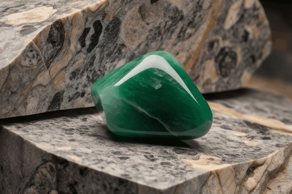 Pedra polida de jade em tom verde-vivo com veios esbranquiçados, apoiada sobre blocos de rocha cinza.
