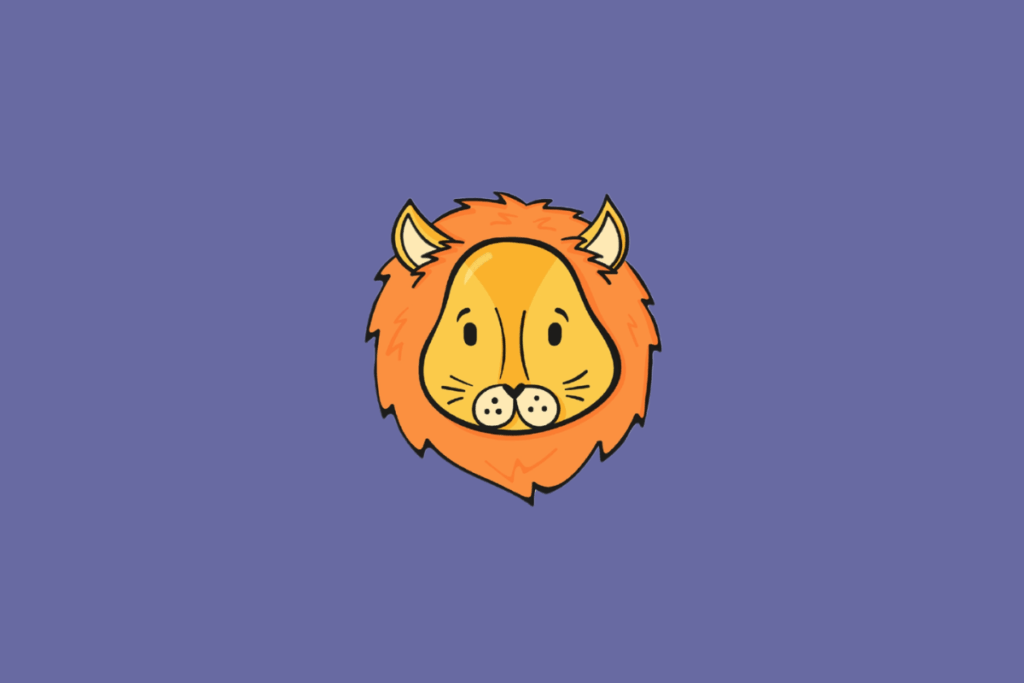 Ilustração estilizada do rosto de um leão sorridente com juba laranja sobre fundo roxo.