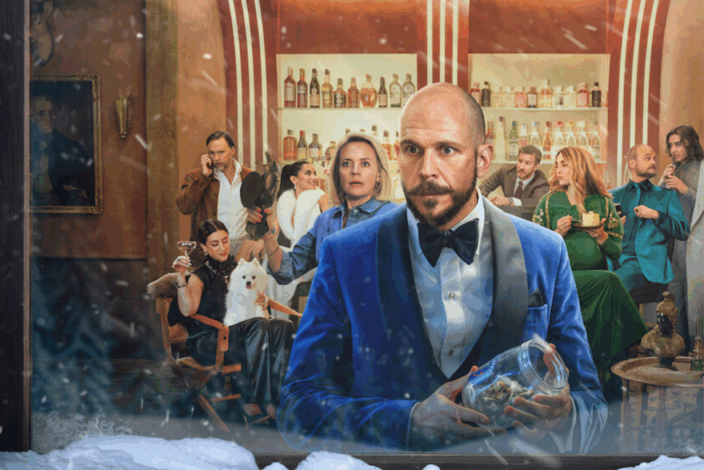 Homem de smoking azul segura um pote de vidro e olha fixamente para a frente através de uma janela nevada, enquanto ao fundo várias pessoas bem vestidas em um bar elegante reagem com surpresa e curiosidade.