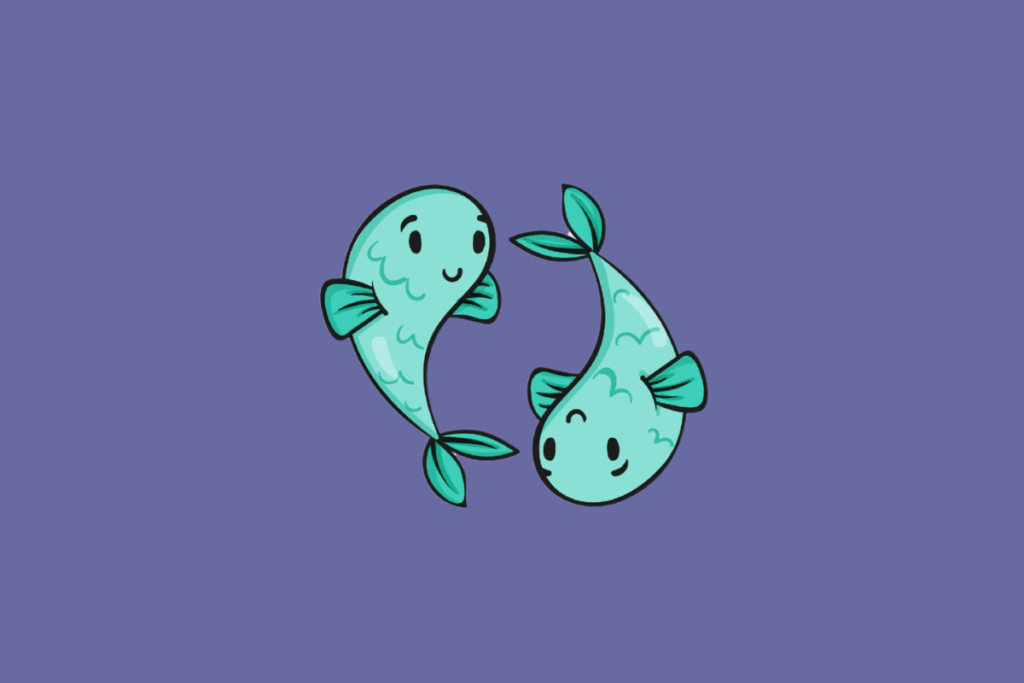 Ilustração estilizada de dois peixes azuis sorridentes nadando em círculo sobre fundo roxo.